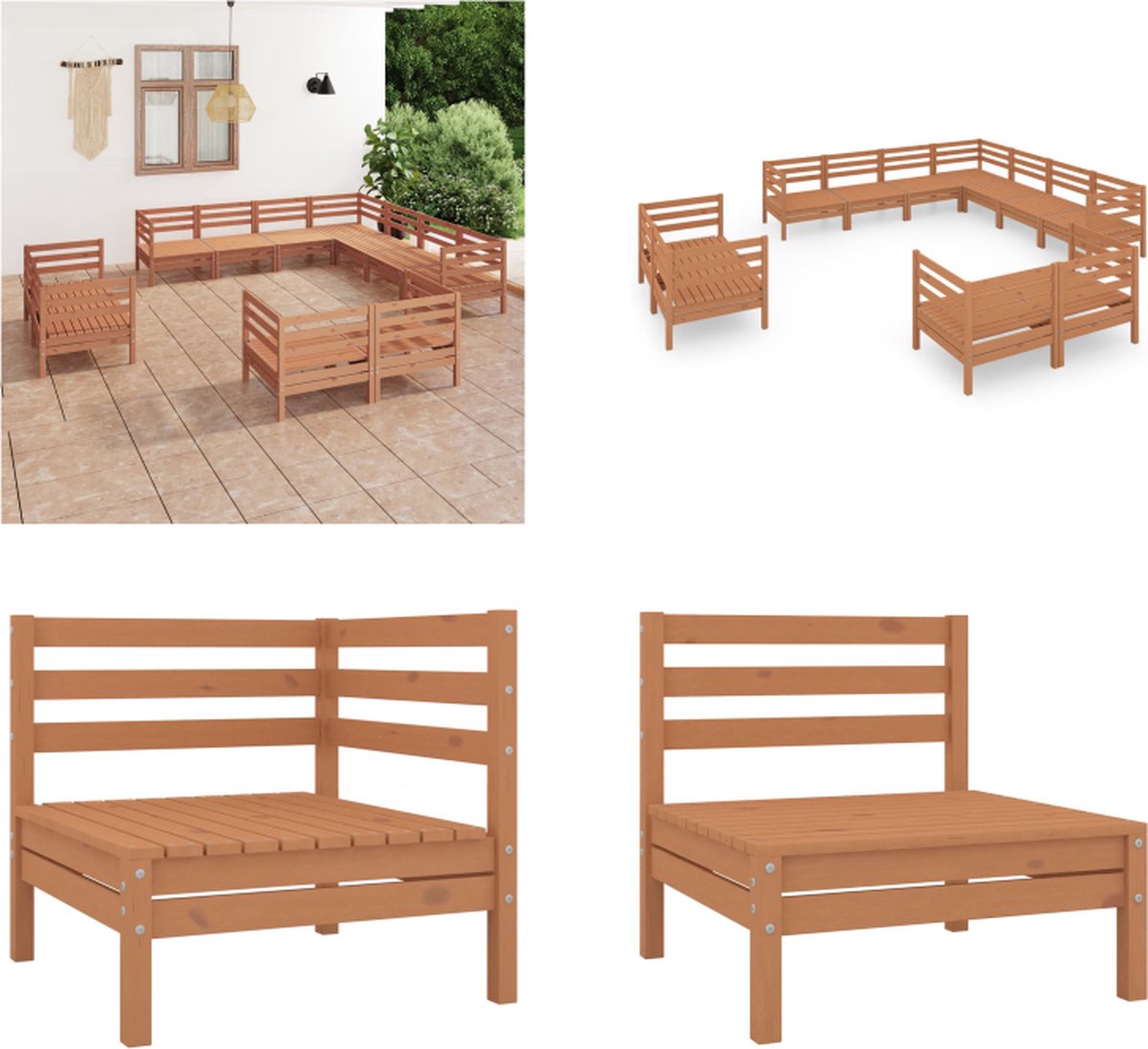 VidaXL 11-delige Loungeset massief grenenhout honingbruin Pallet Loungeset Pallet Loungesets Pallet Loungebank Loungeset
