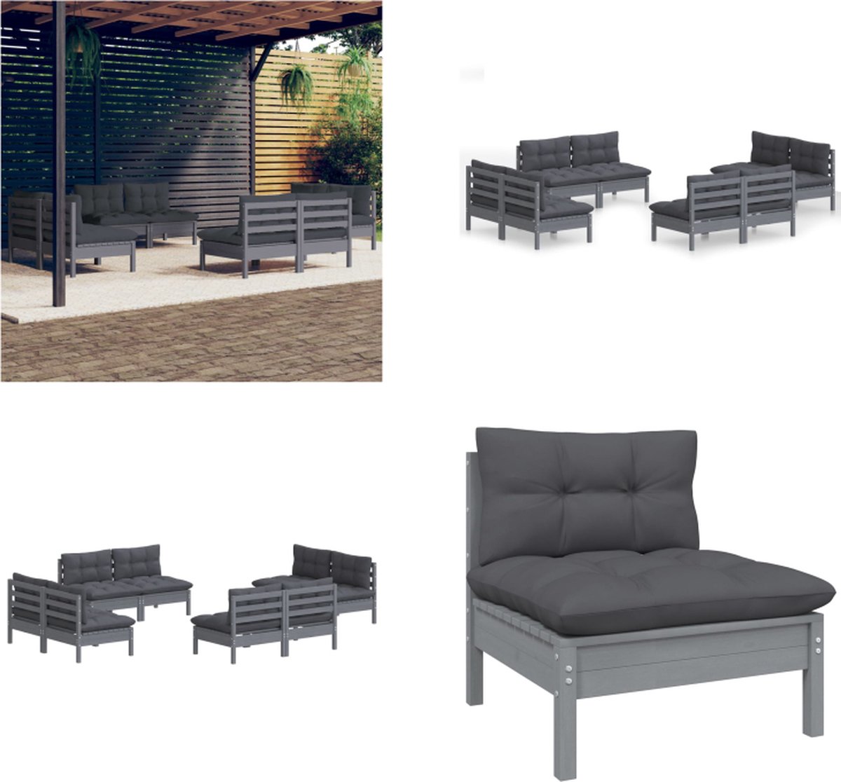 VidaXL 8-delige Loungeset met antracietkleurige kussens grenenhout Loungeset Loungesets Lounge Set Tuinset