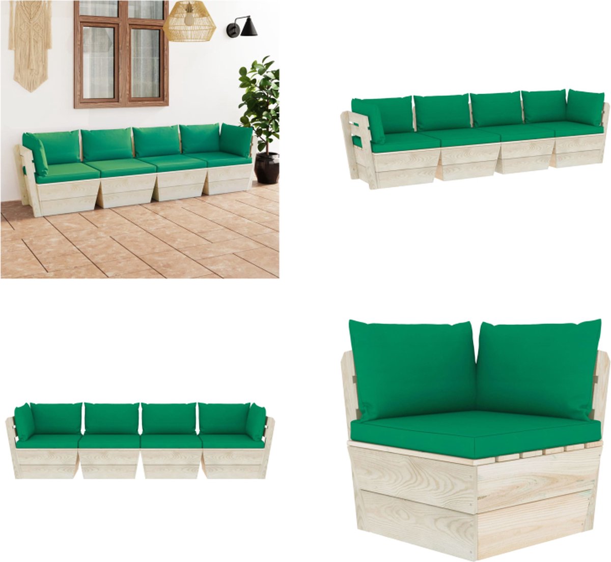 VidaXL Tuinbank 4-zits met kussens pallet vurenhout Pallet Bank Pallet Banken Houten Palletbank Houten Palletbanken
