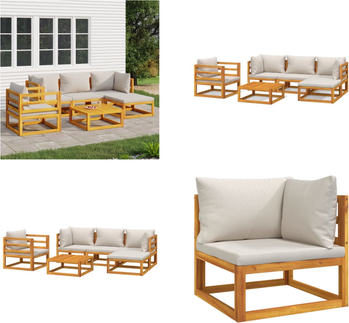 vidaXL 6-delige - Loungeset - met - lichtgrijze - kussens - massief - hout Lichtgrijs