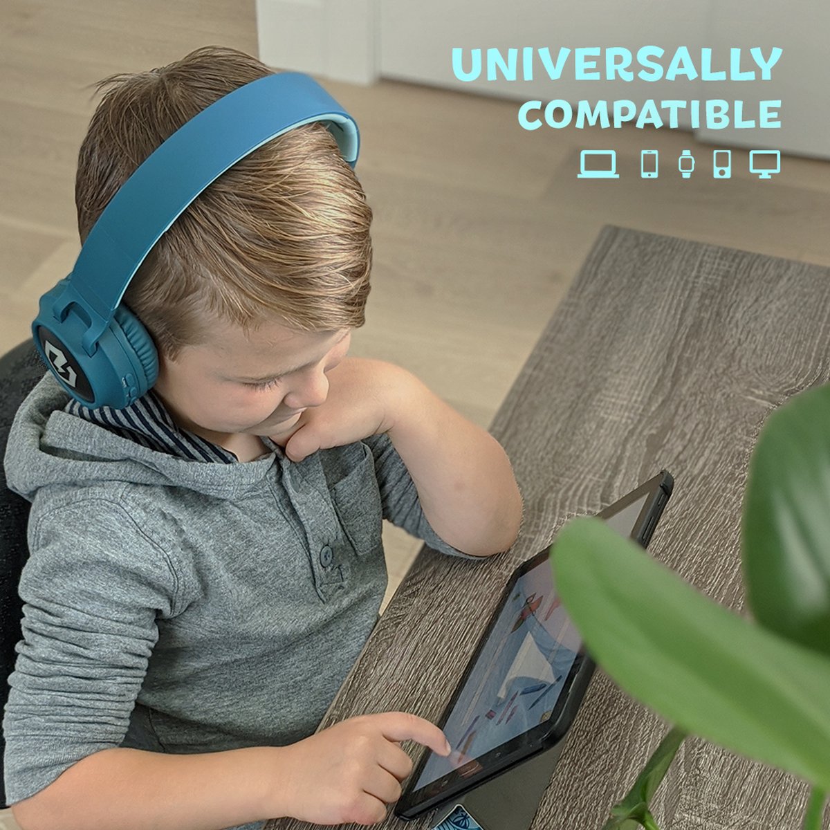 Afbeelding 2 van PowerLocus Buddy Draadloze On-Ear Koptelefoon voor Kinderen, LED lampjes, 85db Limiet, met Microfoon, Micro SD poort - Blauw