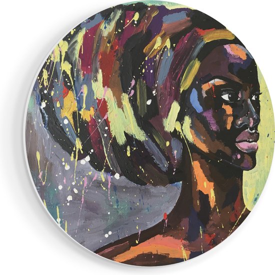 Artaza Muurcirkel - Getekende Afrikaanse Vrouw - Abstract - Wandcirkel - Rond Schilderij