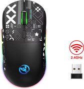 Bol.com HXSJ T90 2.4G Stille Draadloze Gaming Muis - Bluetooth - Computermuizen - Ultra licht - RGB Verlichting - Zwart aanbieding