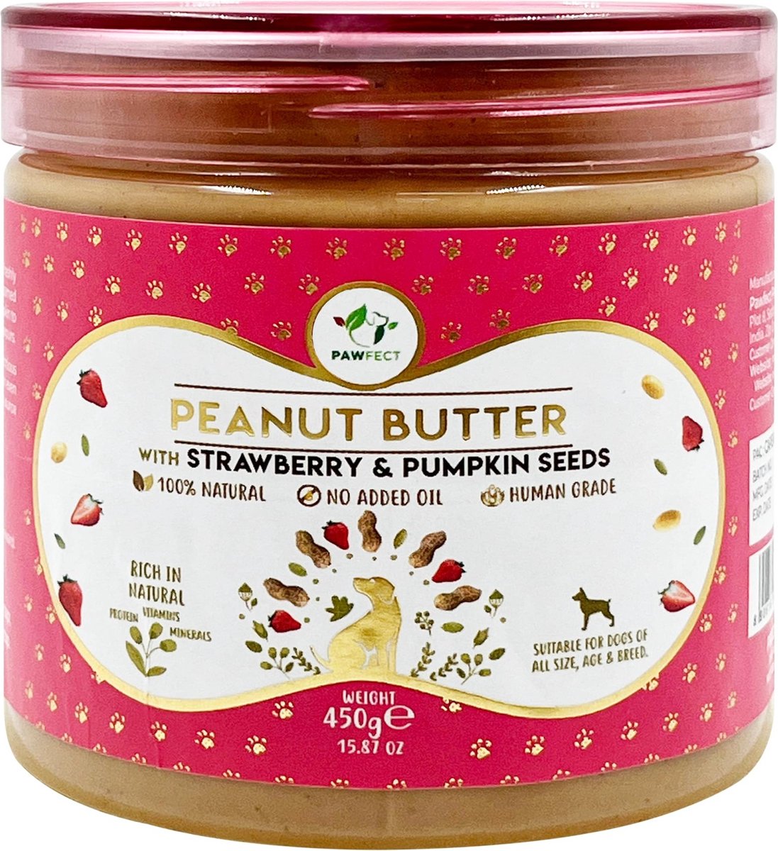 Pawfect Pindakaas voor honden - Aardbei & Pompoenpitten - 275 gr.