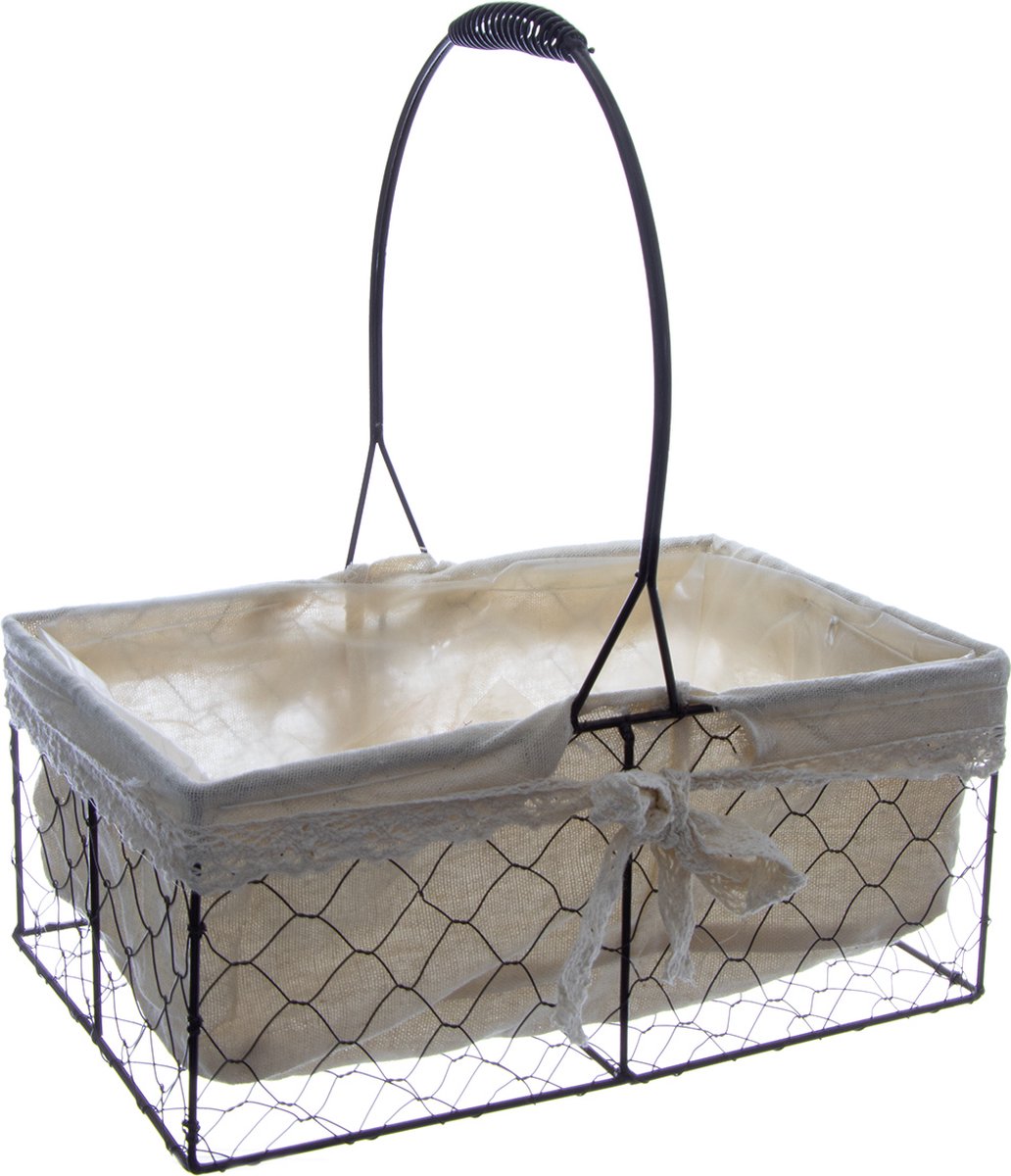 Metalen Mandje met Stoffen Inzet en Handvat – Paasmand, Picknickmand, Plantenmand, Opbergmand – (28x18x33)cm