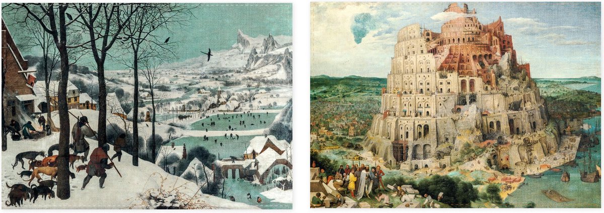 Set van 2 theedoeken - kunst collectie - Breughel Jagers in de sneeuw & Breughel Toren van Babel - 100 % katoen 50 x 70 cm by supervintage