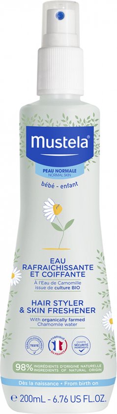 Mustela baby huid en haar verfrisser met kamille bloemenprint, 200ml.