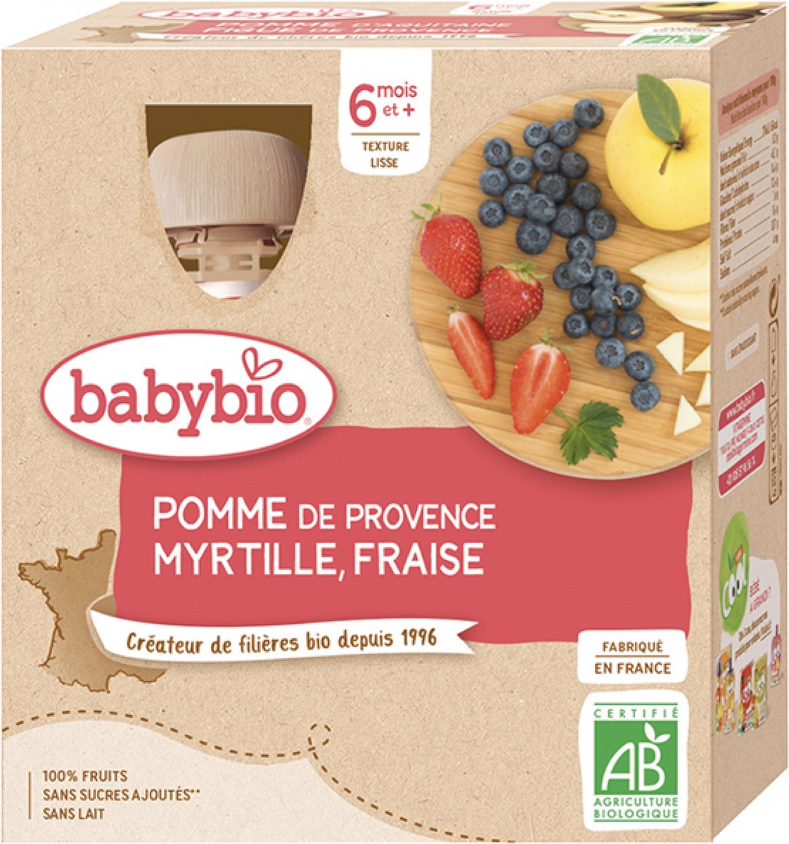 Goedkoopste Babybio Appel Bosbes Aardbei 6 Maanden en Ouder Biologisch 4 x 90g Flessen