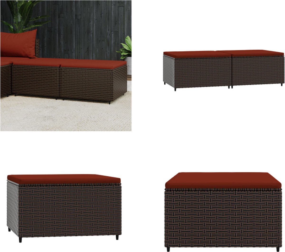 vidaXL Voetensteunen - 2 - st - met - kussens - poly - rattan - bruin