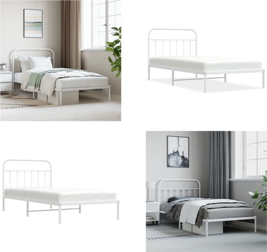 vidaXL Bedframe met hoofdbord metaal wit 107x203 cm - Bedframe - Bedframes - Eenpersoonsbed - Bed