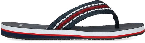 Manfield - Heren - Donkerblauwe slippers met rode details - Maat 42