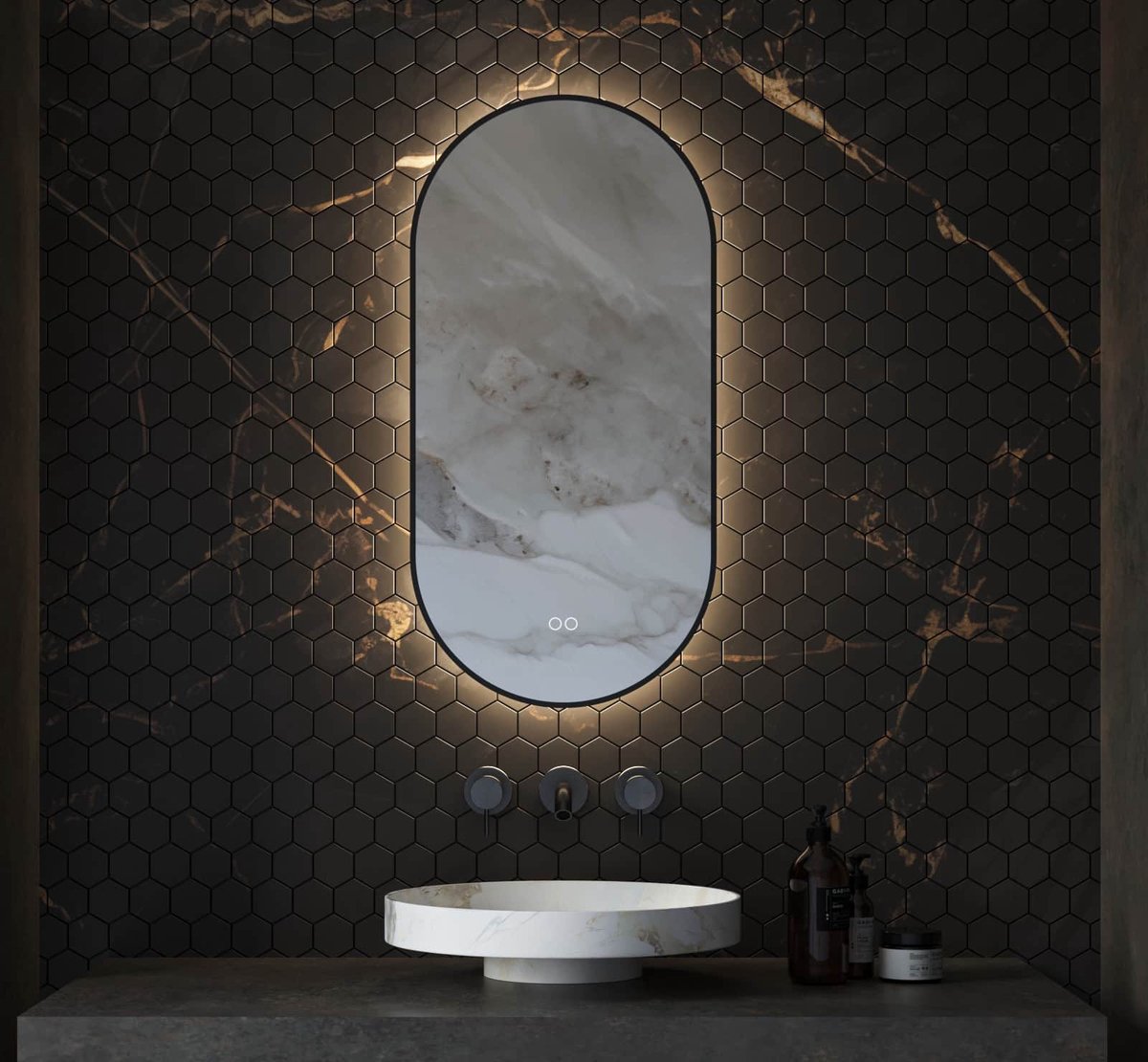 Ovale badkamerspiegel met indirecte verlichting, verwarming, touch sensor, kleurenwissel en gun metal frame 40×90 cm