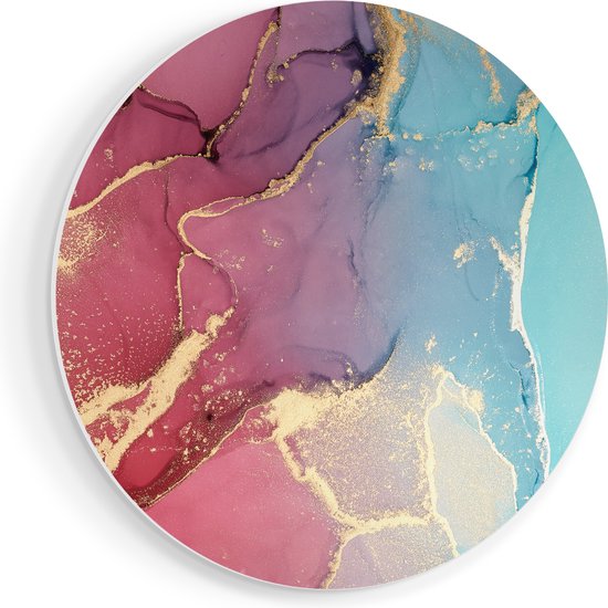 Artaza Forex Muurcirkel Abstracte Kunst van Marmer - Roze met Blauw - 70x70 cm - Wandcirkel - Rond Schilderij - Wanddecoratie Cirkel - Muurdecoratie