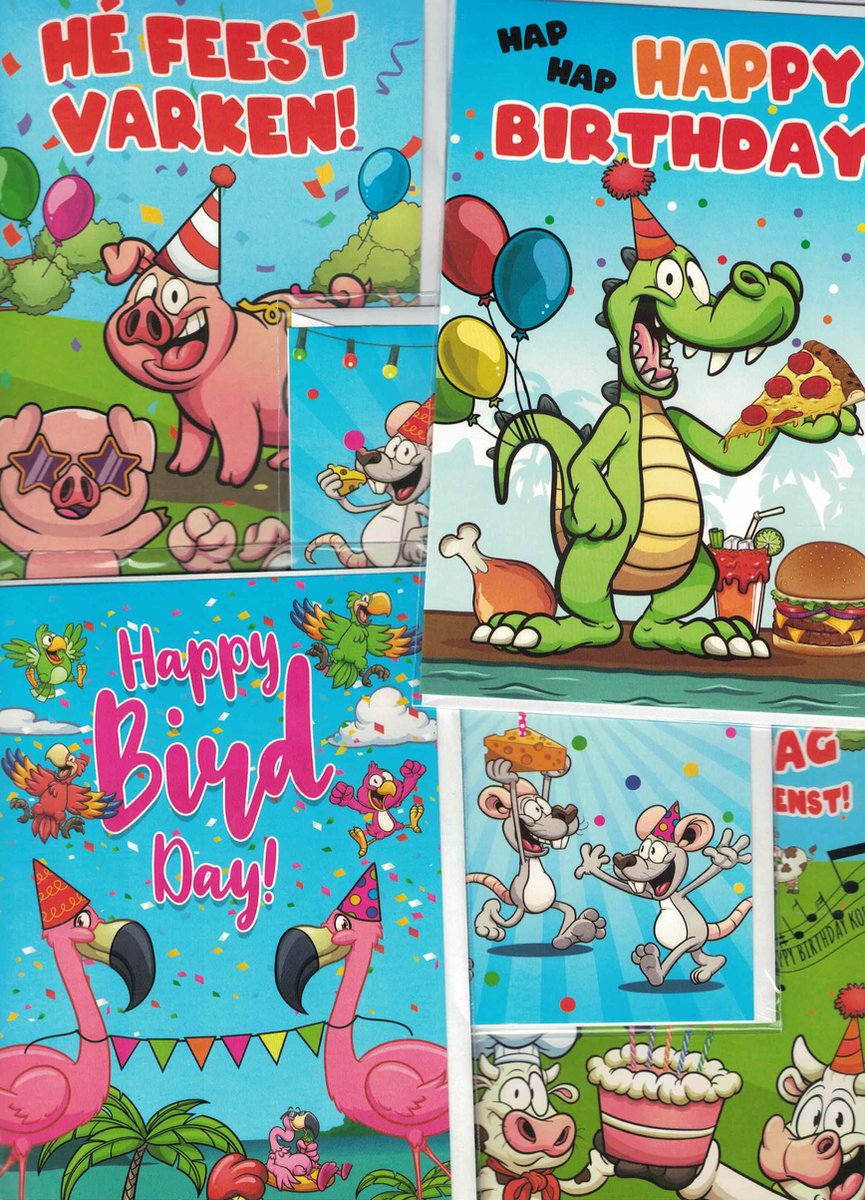 Wenskaarten - beestachtige verjaardag - gefeliciteerd - felicitatie kind - feestvarken - birthday - set van 5 - humor
