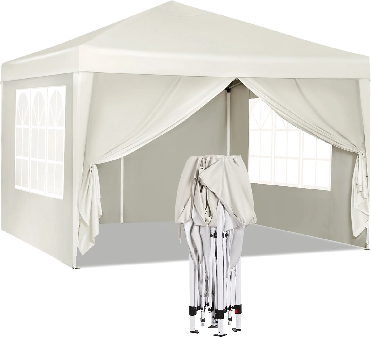 B.O.S. Waterdichte Partytent 3x3 meter opvouwbaar - Paviljoen met zijpanelen - Easy up - Beige - Pop-up Tent met haringen, touw en anti slip poten