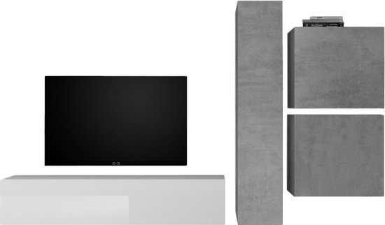 TV-wandmeubel Hodor in hoogglans wit met grijs beton