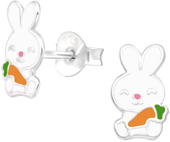 Joie|S - Boucles d'oreilles lapin argenté avec carotte - 6 x 10 mm - boucles d'oreilles enfant