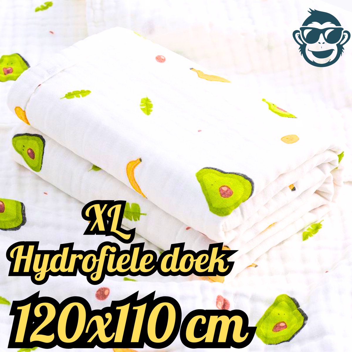 Goedkoopste BoefieBoef Grote XL Hydrofiele Doek - Fruit Advocado - Duurzaam Eco Bamboe - Kerst en KraamCadeau - Swaddle, Inbakerdoek, Hydrofiele Luier & Babydeken - Banaan Groen Geel Wit