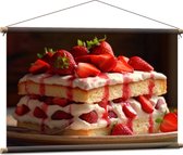 Textielposter - Eten - Cake - Fruit - Aardbeien - Bord - Lepel - 90x60 cm Foto op Textiel