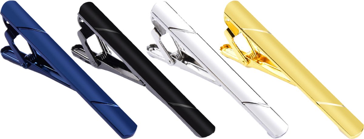 Dasspeld Set - 4 Stuks - Stropdas Clip - Striped Dasclip - Zwart/Zilver/Goud/Blauw