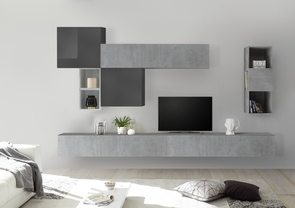 TV-wandmeubel Pedro in grijs beton met hoogglans grijs