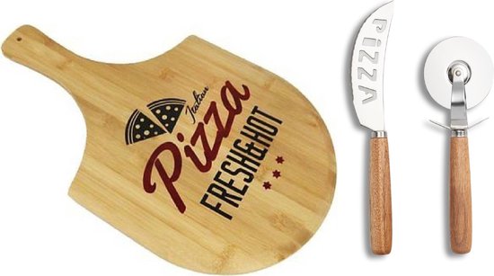 Foto: Houten pizza snijplanken pizzabord bord met handvat 53 cm inclusief messen set