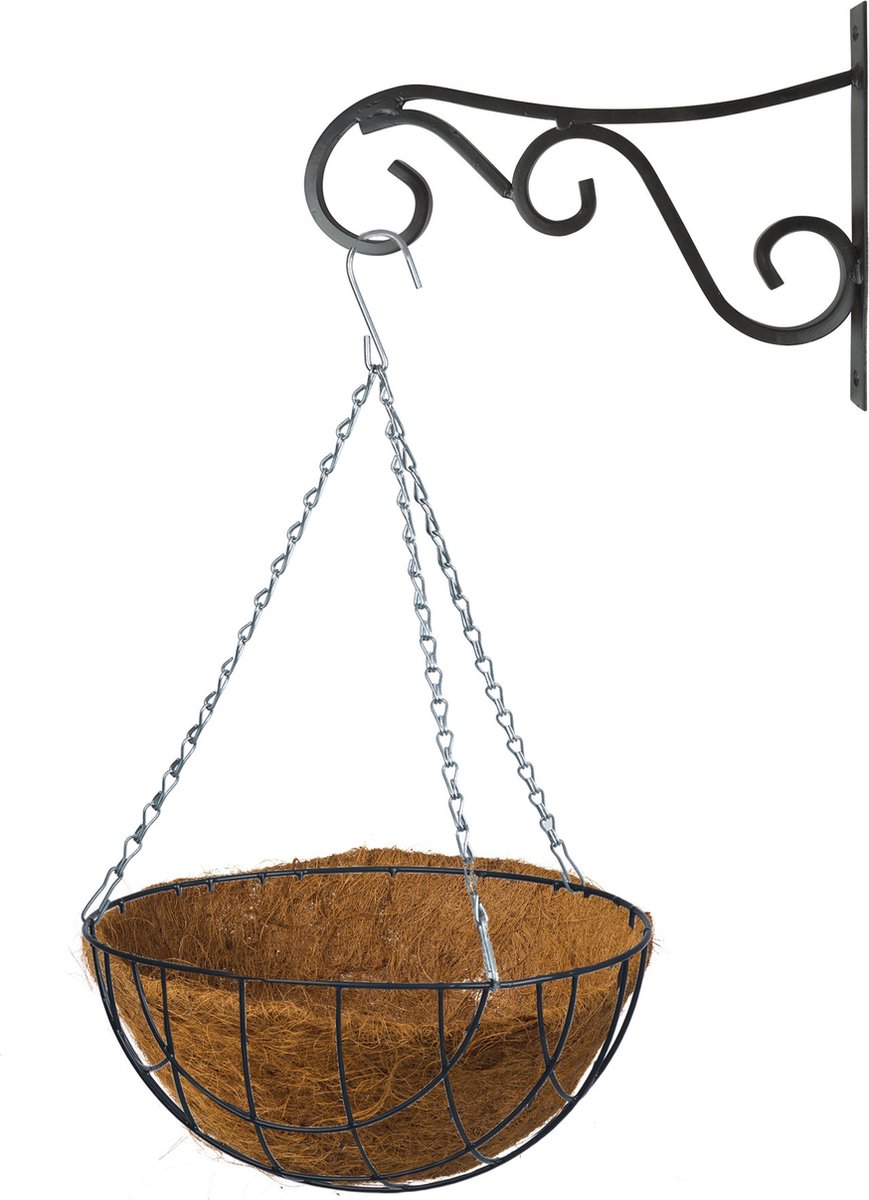 Hanging basket 35 cm met metalen muurhaak en kokos inlegvel - Complete hangmand set van gietmetaal
