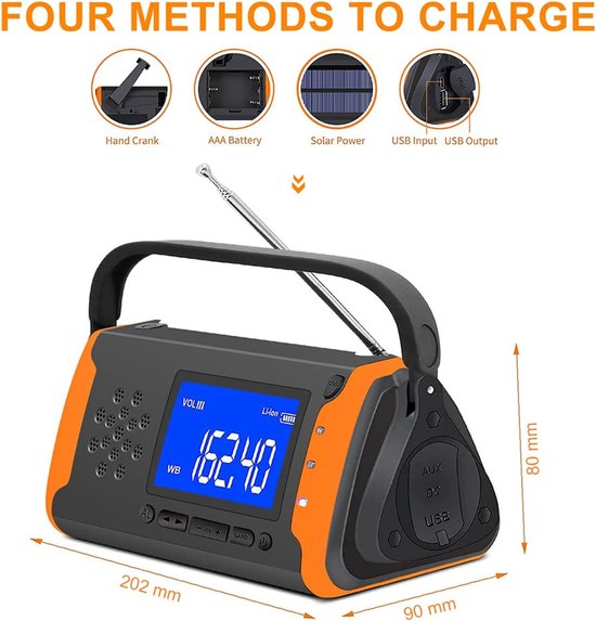 Emergency Radio Waterdichte Bluetooth-luidspreker, Draagbare Am/Fm/Radio met Led Zaklamp/Mobiele Telefoon Oplader/Sos/Kompas, Weeralarm Radio voor Outdoor Noodsituaties, Camping Gadgets, C-F, Zilver