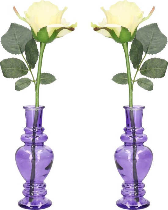 Ideas 4 Seasons Bloemenvaas Venice - 2x - voor kleine stelen/boeketten - gekleurd sierglas - helder paars - D5.7 x H15 cm