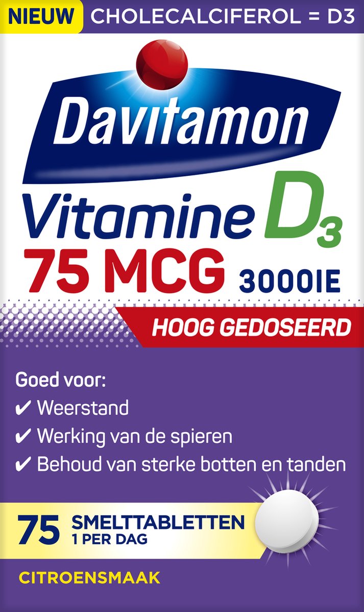Goedkoopste Davitamon Vitamine D3 75 mcg - Hoog Gedoseerd - Vitamine D smelttabletjes - 75 stuks