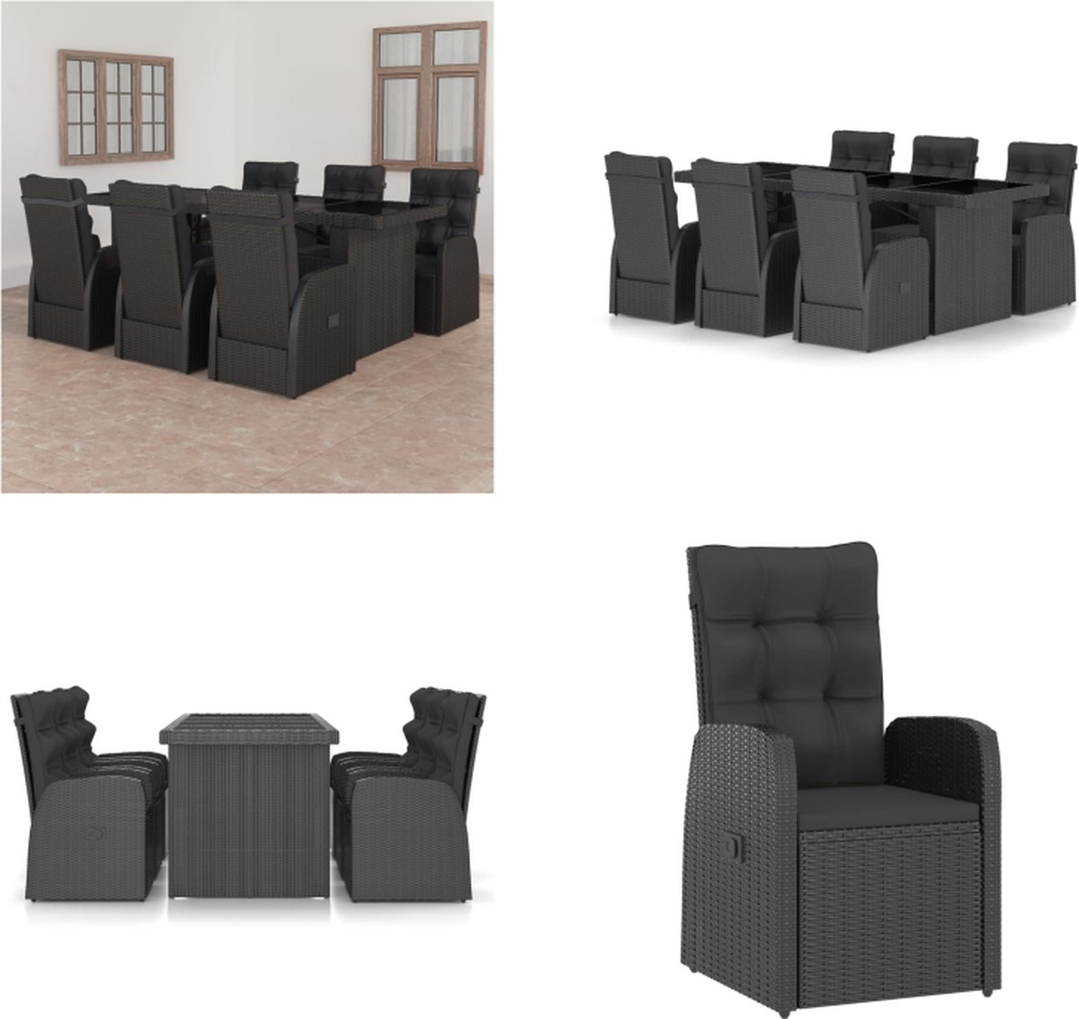 VidaXL 7-delige Tuinset met kussens poly rattan zwart Eethoek Voor Buiten Eethoeken Voor Buiten Tuintafel En Stoel Tuintafels En Stoelen