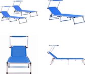 vidaXL Ligbedden inklapbaar met dak 2 st aluminium en textileen blauw - Zonnebed - Zonnebedden - Ligstoel - Ligstoelen