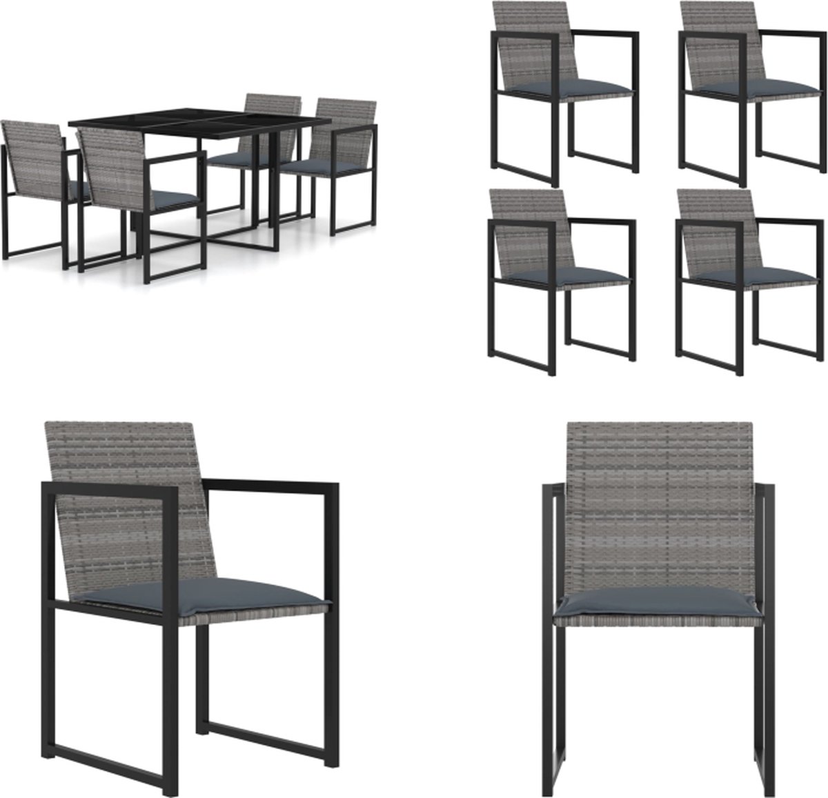 VidaXL 5-delige Tuinset met kussens poly rattan grijs Eethoek Voor Buiten Eethoeken Voor Buiten Eettafelset Voor Buiten Eettafelsets Voor Buiten