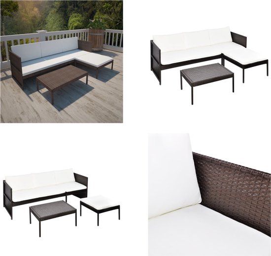 vidaXL-3-delige-Loungeset-met-kussens-poly-rattan-bruin - Lounge Sets - Lounge Sets - Rotan Lounge Set - Tuin Banken