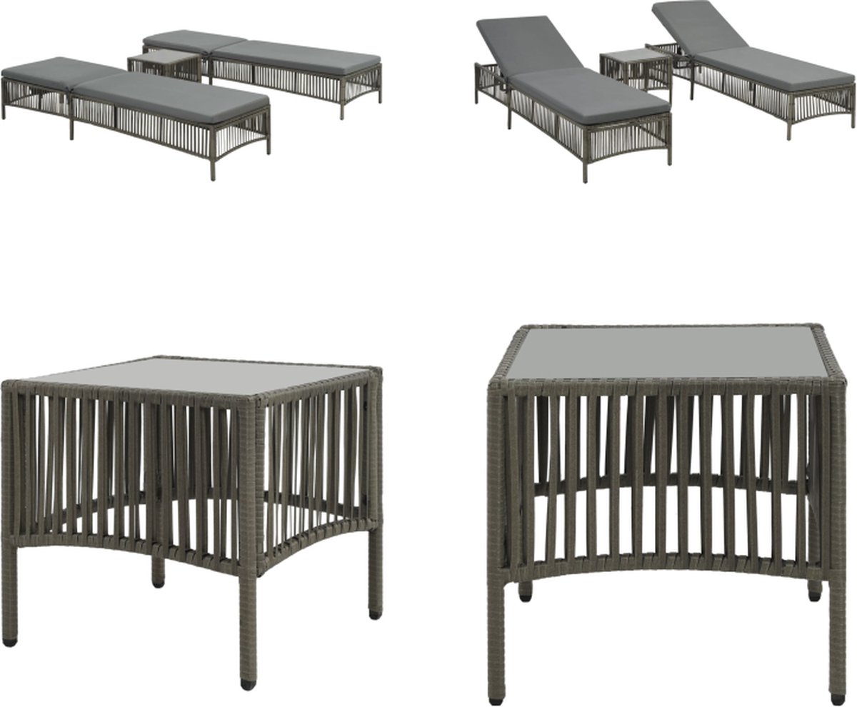 VidaXL -Ligbedden-2-st-met-tafel-poly-rattan-grijs Ligbeddenset Ligbeddensets Ligbed Ligbedden