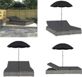 vidaXL Loungebed met parasol poly rattan grijs - Zonnebed - Zonnebedden - Ligbed - Ligbedden