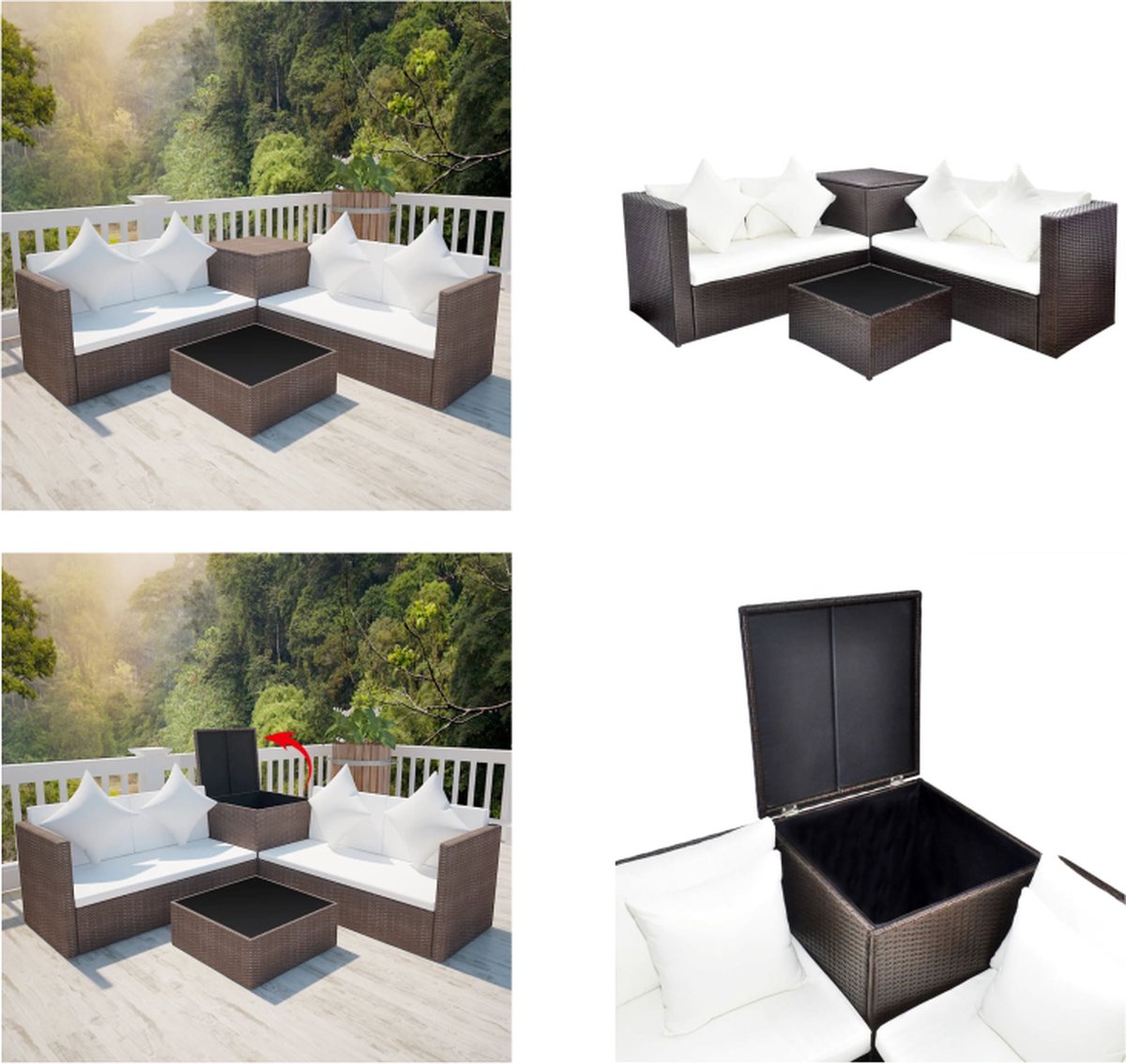 vidaXL 4-delige Loungeset met kussens poly rattan bruin