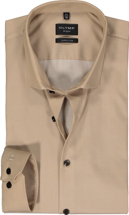 OLYMP No. 6 Six super slim fit overhemd - structuur - beige - Strijkvriendelijk - Boordmaat: 41