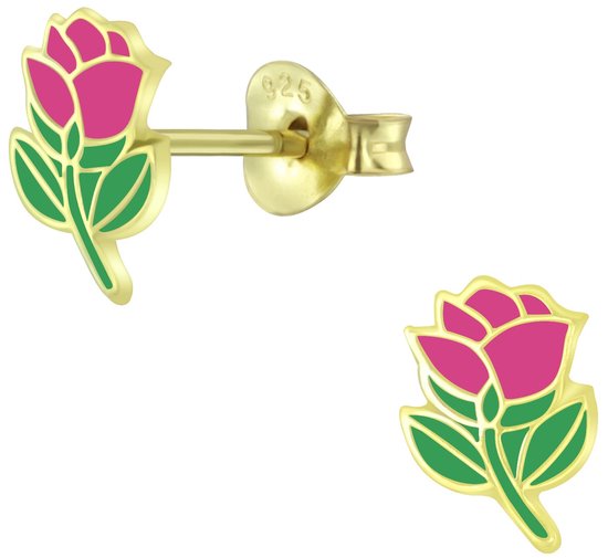 Joy|S - Zilveren bloem oorbellen - roze roosje - 14k goudplating
