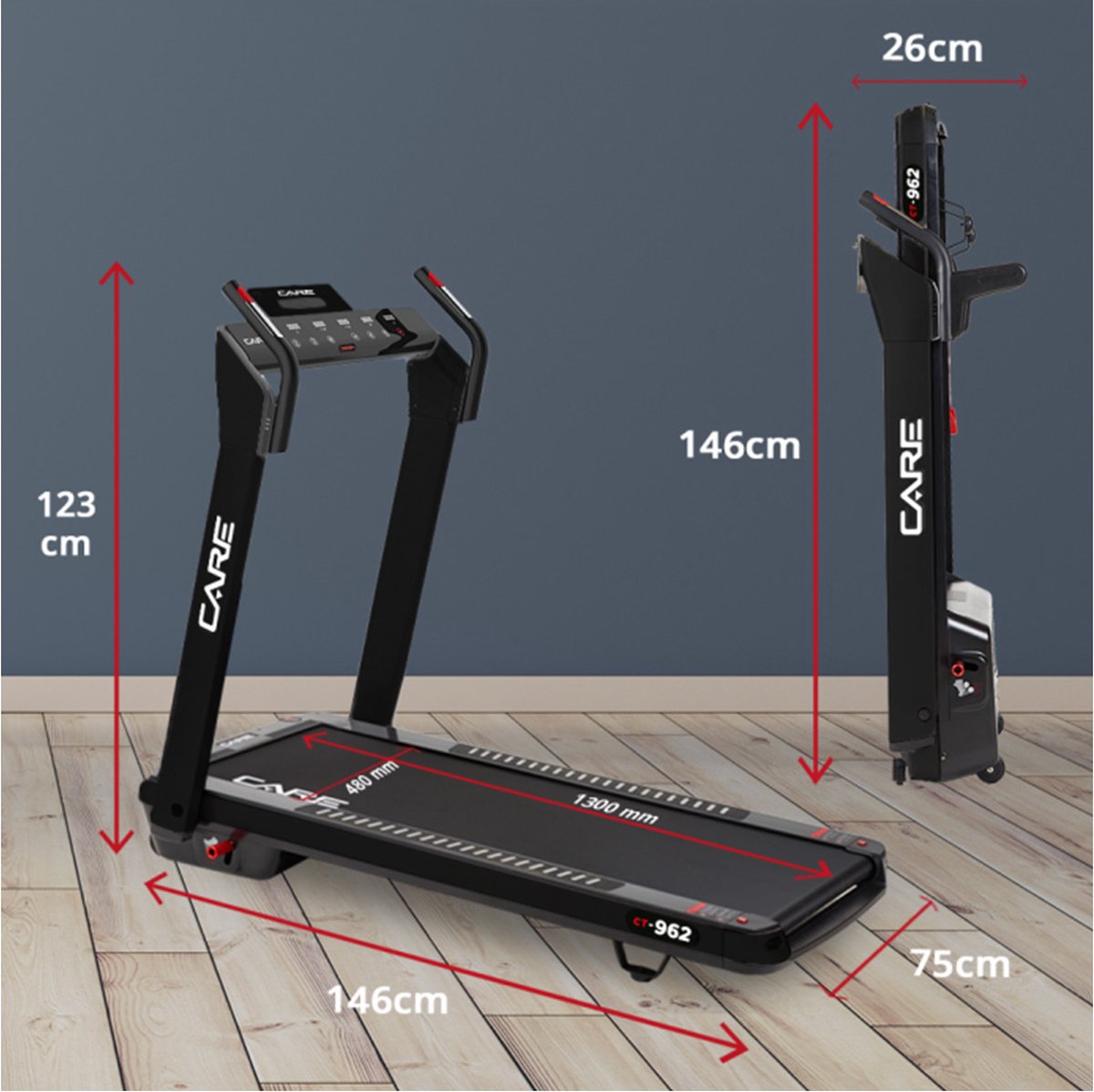 CARE CT-962 - Connected loopband - Maximale snelheid 14 km/u - 8 programma’s - Opvouwbaar - Gemotoriseerde helling tot max. 9% - Voor thuisgebruik - Zwart thumbnail 4