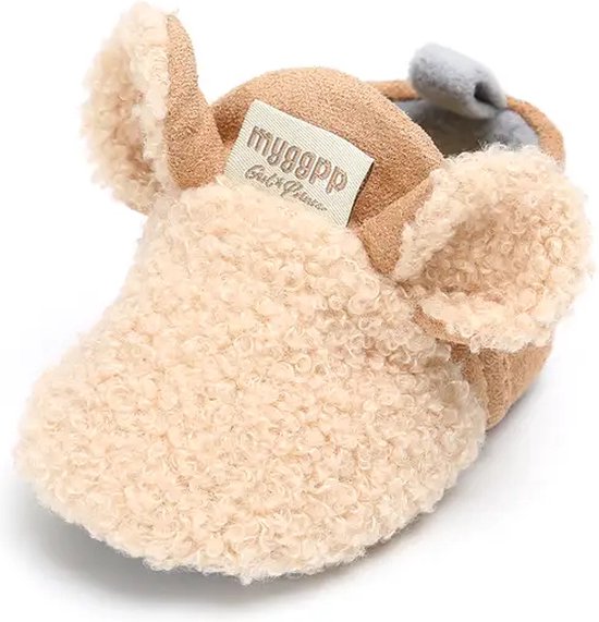 Baby Kou Slofjes - Jongens - Meisjes - Maat 21 - Lekker Warm - Klittenband - Koe - Schattige Oortjes - Leuk als Verjaardagscadeau - Herfst - Winter - Maat 13 - Kleur Beige met Bruin - Antislip