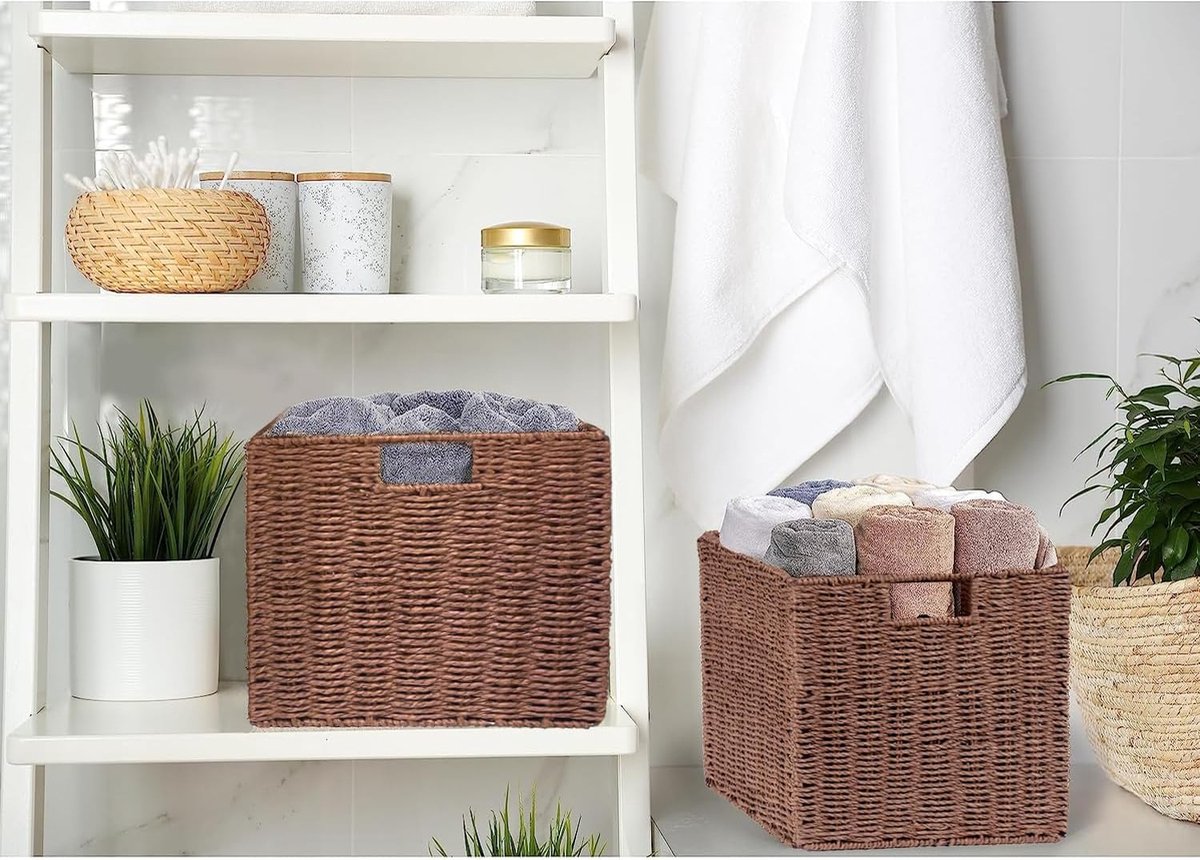 Aolawco Kallax Geweven Opbergmand, Opvouwbare Rieten Mand voor Opbergen, 28 x 28 x 28 cm, Stevig Opbergmand met Draaggrepen voor Planken, Voorraadkast, Badkamers, Woonkamer, 2-pack