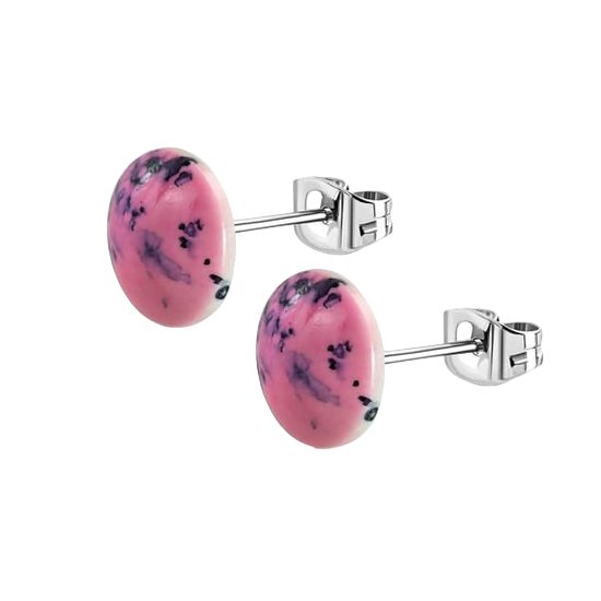 Aramat Jewels - Ronde Oorstekers Roze Marmer -look Staal 12mm - Trend Series - Oorbellen - Ronde 12mm - Zilverkleurig met Gemarmerd Roze - Hip en Modern - Gemarmerde Roze Stalen Oorbellen van Aramat Jewels - 12mm - Uniek en Trendy