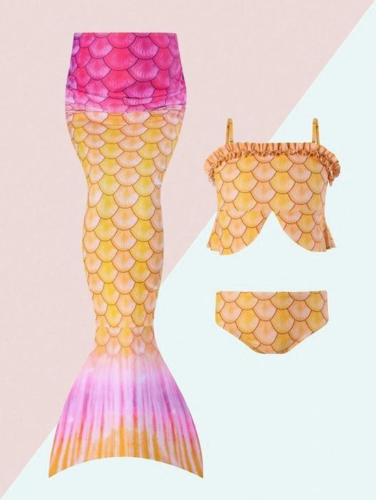 Zeemeerminnen bikini | 3-delig | 122cm | 7 jaar | Topje | Broekje | Staart | Vakantie | Zwemmen | Water | Zee | Kinderen | Geel | Roze