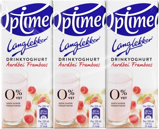 Foto: Optimel langlekker drinkyoghurt 0 vet aardbei framboos 5 x 6 x 200ml voordeelverpakking