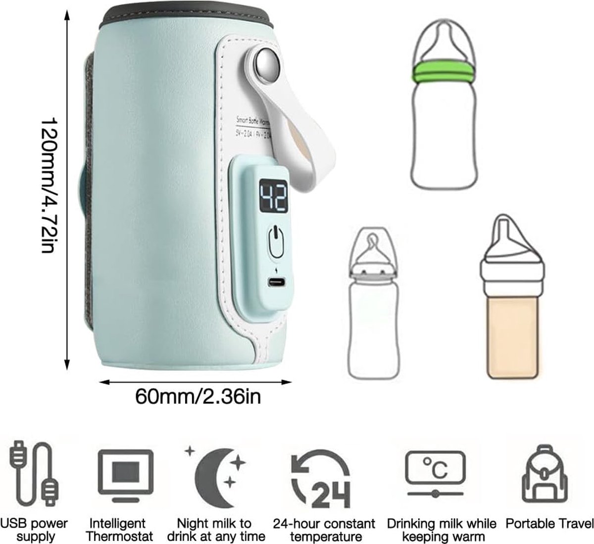 Ainiupi Draagbare flessenwarmer voor reizen, draadloze draagbare waterwarmer, reisflessenwarmer