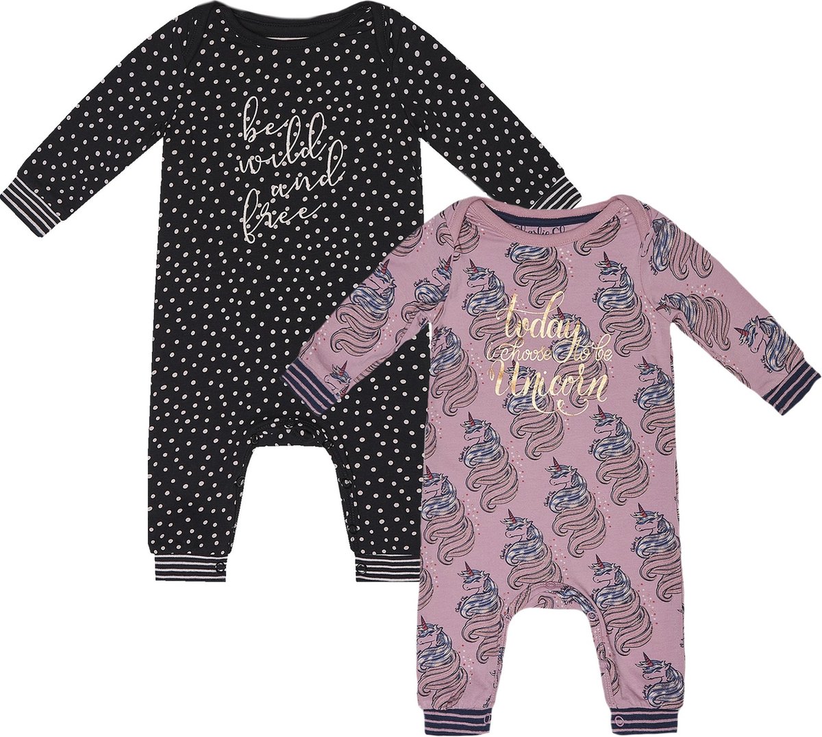 Charlie Choe - 2pack - Navy - Roze - Boxpak - Salopette - Kruippakje - Babypakje - Jumpsuit - Geboortepakje - Romper - Stippen - Unicorns - Maat 68