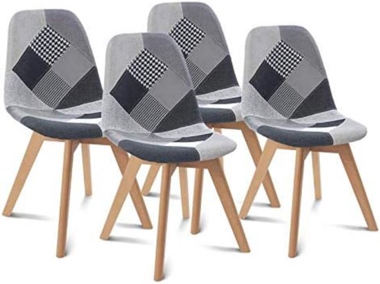 Set van 4 Scandinavische SARA stoelen met patchwork-patroon, zwart, grijs en wit