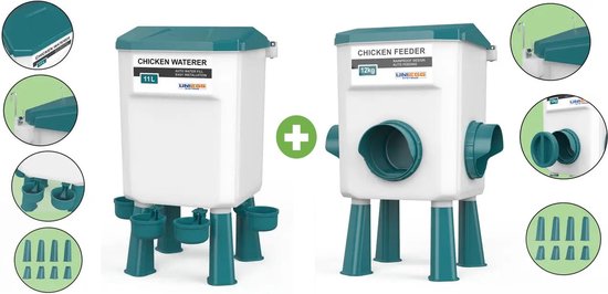 UniEgg® Feeder 12kg + Drinker 11 Liter (Groen) - automatisch en innovatief , inclusief ophangset en poten - drinkbak kip en ander pluimvee of gevogelte