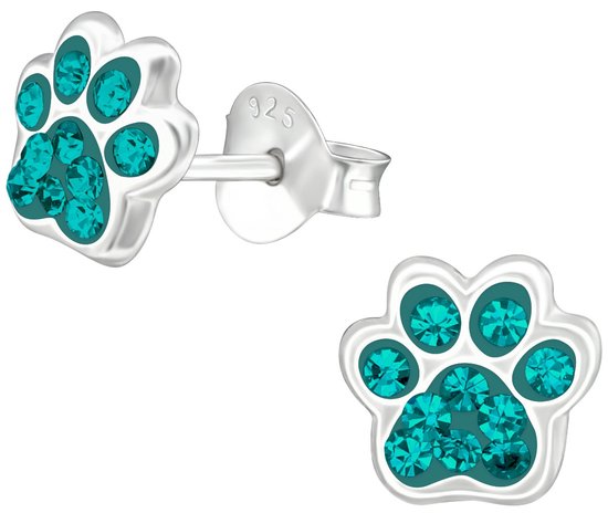 Joy|S - Zilveren kat hond dierenpoot oorbellen - 7 x 6 mm - turquoise blauw kristal - poot afdruk - kinderoorbellen